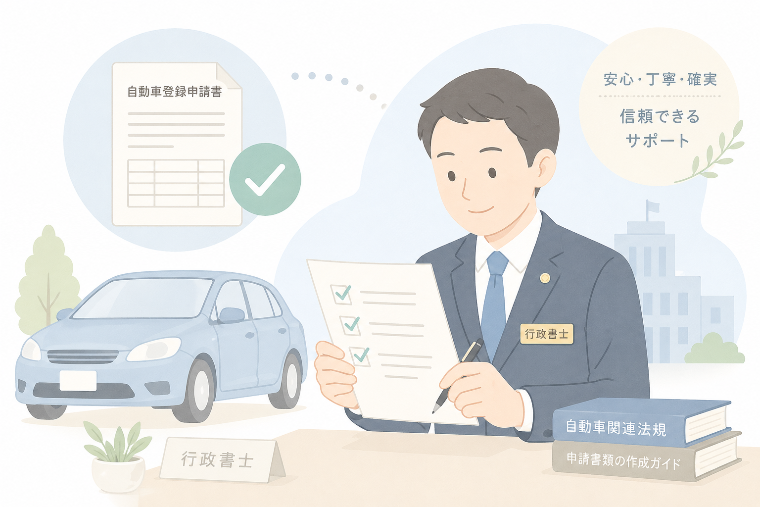 自動車登録の書類を確認する行政書士（姫路・神戸対応）